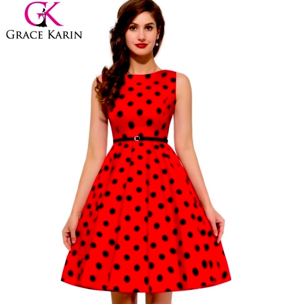 Grace Karin Boatneck Sleeveless Red Dress w/ Black Polka Dots Size M!